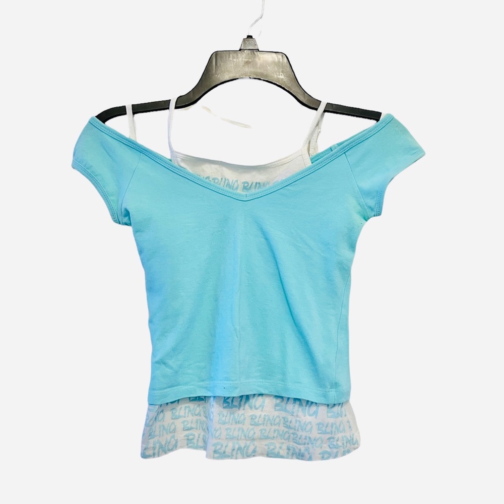 579 Teal Cropped Off the Shoulder Double Layer Bling Halter Top (Late 90s Style)